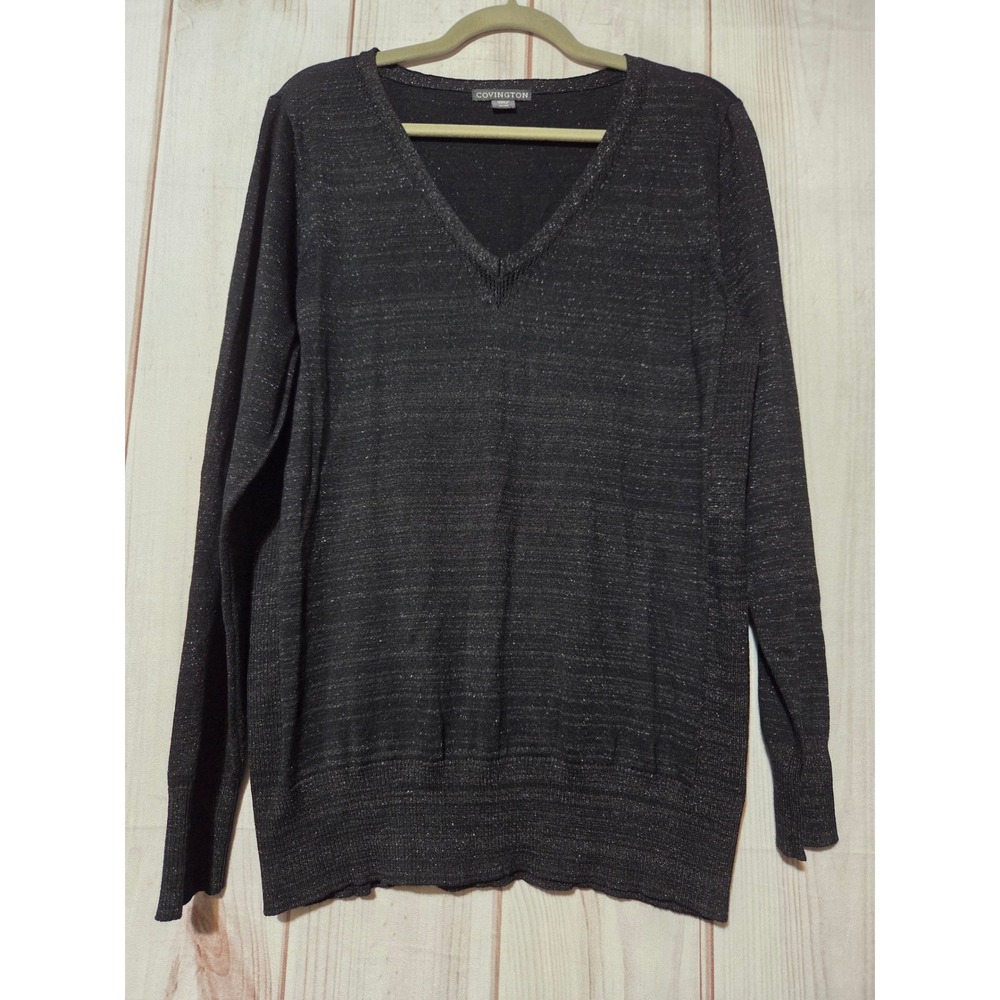 Covington Womens XL Black Metallic Shimmer V-Neck Long Sleeve Sweater Pullover